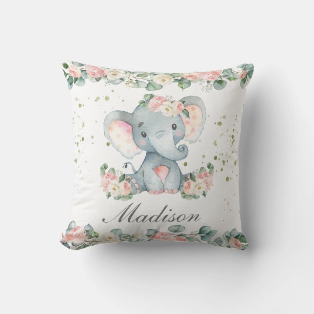 Cojín Decorativo Bebé dulce elefante vegetación floral rosa (Anverso)