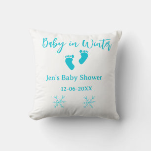 Cojín Decorativo Bebé en invierno ducha de bebé azul pies bebé neva