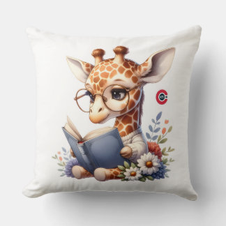 Cojín Decorativo Bebé jirafa linda leyendo libro con gafas de tirar