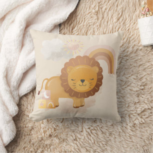 Cojín Decorativo Bebé lindo león cachorro y arcoiris boho en beige