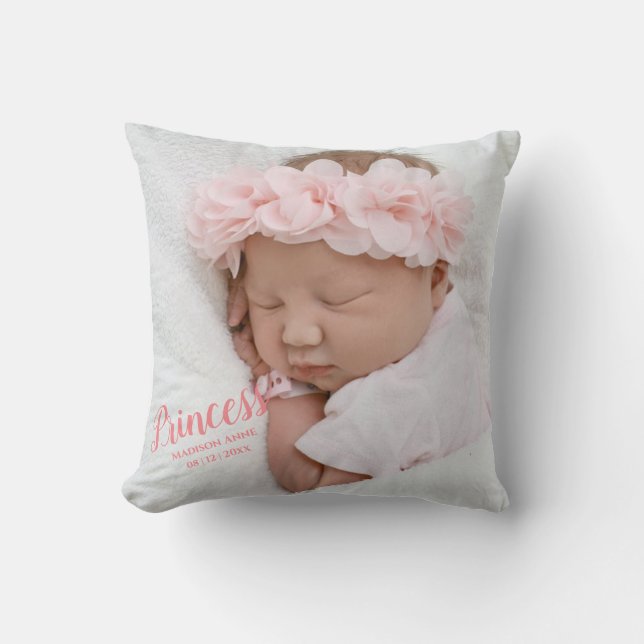 Cojín Decorativo Bebé Niña Guión Rosado Foto Nacimiento Keepsake (Anverso)