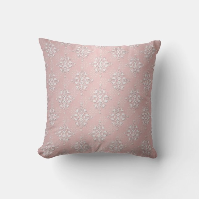 Cojín Decorativo Bebé Niña Rosa y Blanco Damask (Anverso)
