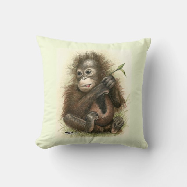 Cojín Decorativo Bebé orangután con hojas (Anverso)