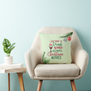 Cojín Decorativo Beber vino, ver películas de Navidad, comer gallet