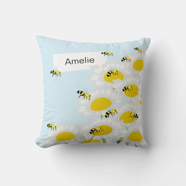Cojín Decorativo Bee on Flower Pillow - Fondo azul (Anverso)