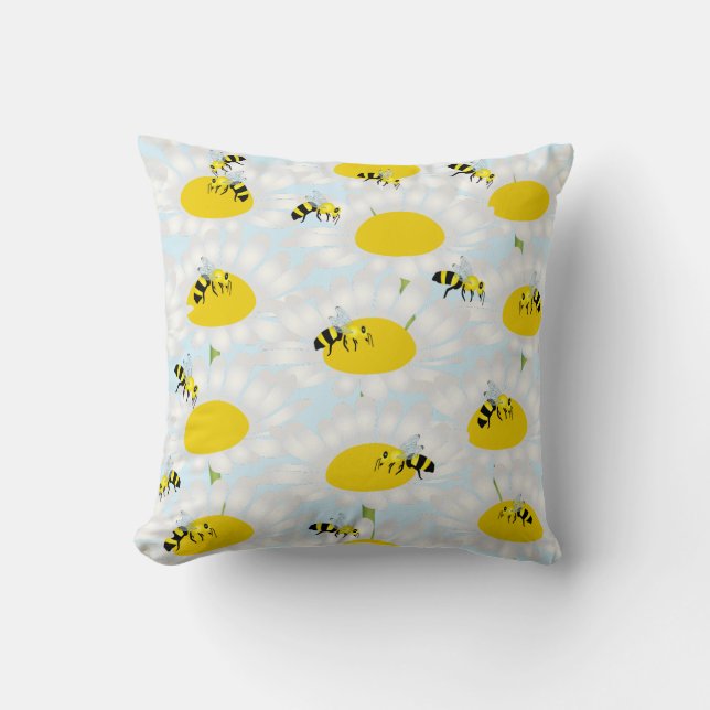 Cojín Decorativo Bee on Flower Pillow - Fondo azul (Anverso)