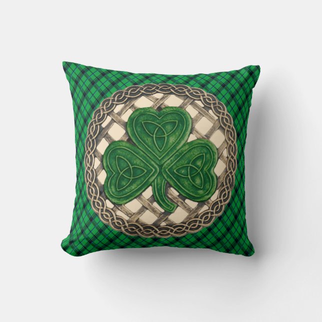 Cojín Decorativo Beige Shamrock Celtic Knots En Green Plaid (Anverso)