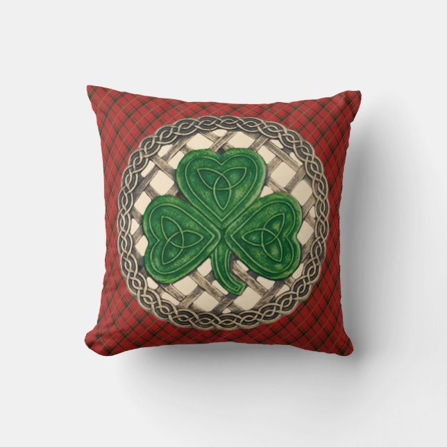Cojín Decorativo Beige Shamrock Celtic Knots En Red Plaid (Anverso)