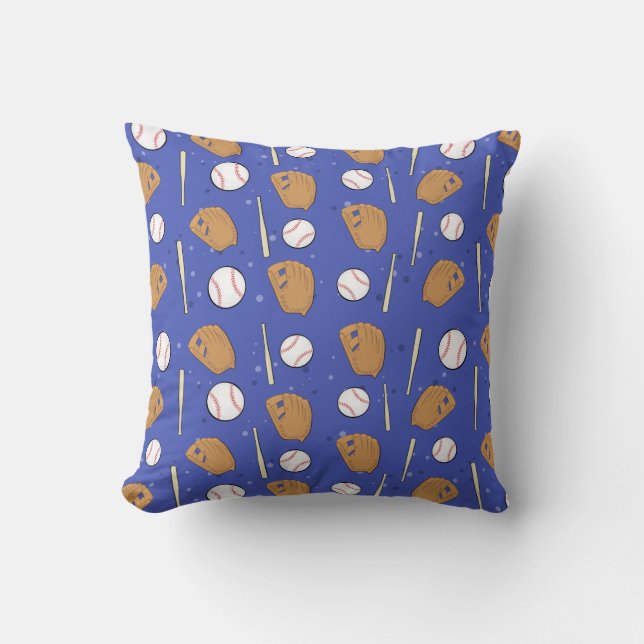 Cojín Decorativo Béisbol: guantes, bolas y batas de fondo azul (Anverso)