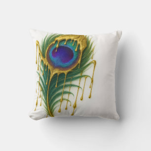 Cojín Decorativo Belleza de Lujo Goteo de Oro Glam Pluma de Pavo Re