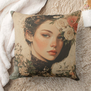 Cojín Decorativo Belleza iluminada por la luna - Mujer con flores y