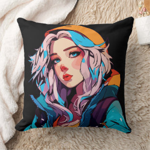Cojín Decorativo Belleza Turquesa: Chica de Anime Dibujada a Mano