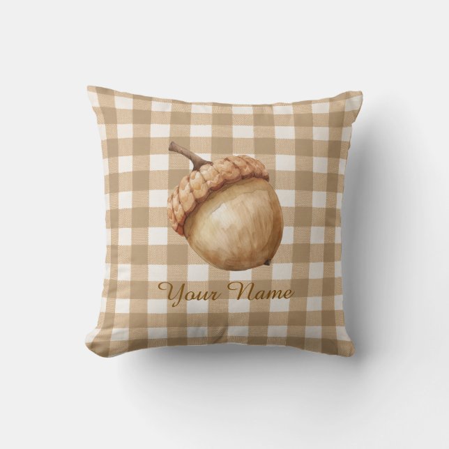 Cojín Decorativo Bellota Marrón Gingham Personalizado Otoño Rústico (Anverso)