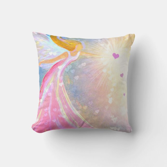 Cojín Decorativo Bendiciones del corazón azul rosa del ángel (Anverso)