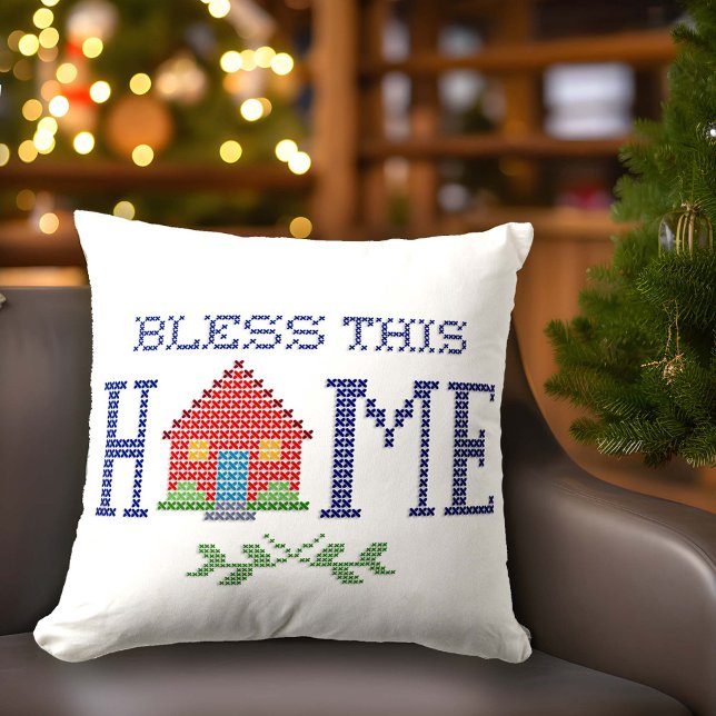 Cojín Decorativo Bendito sea el pilar de casa (Add a touch of love to your home with our "Bless This Home" pillow, original cross stitch design.)