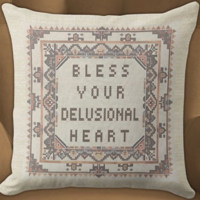 Cojín Decorativo Bendito tu corazón delirante - Graciosos Burbujas  (Bless Your Delusional Heart
Funny Faux Needlepoint Embroidered Pillow Neutral Colors Aztec Border)
