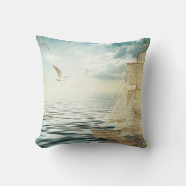 Cojín Decorativo Bergantín Saiboat y gaviotas (Anverso)