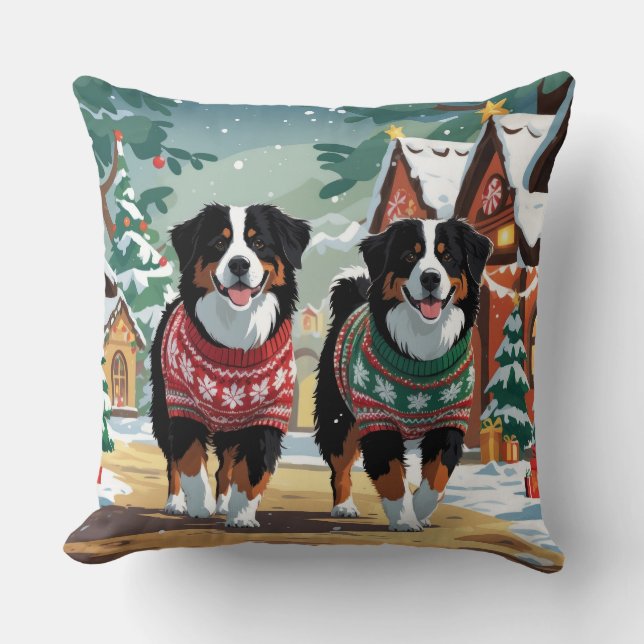 Cojín Decorativo Bernese Mountain Dogs Christmas Snow Holiday (Anverso)