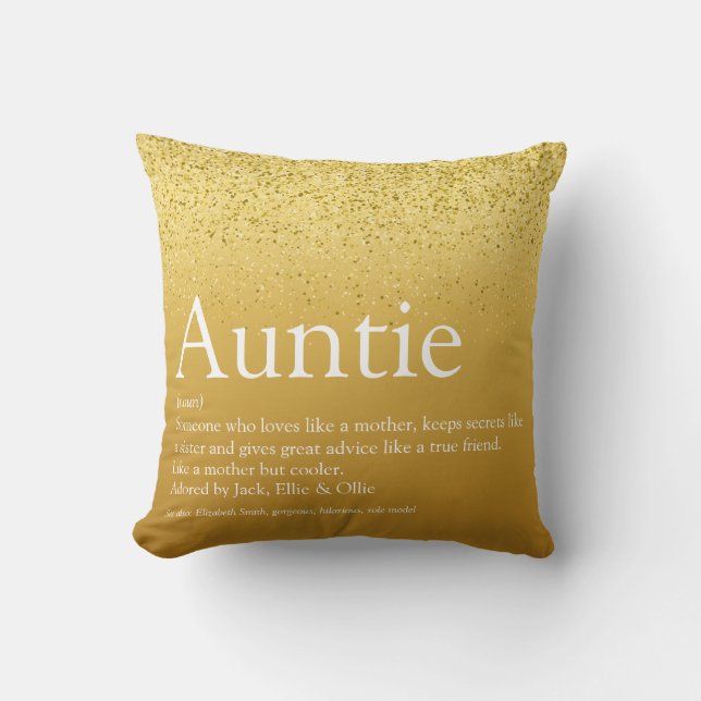 Cojín Decorativo Best Aunt, Auntie Definition Gold Glitter Girly (Anverso)