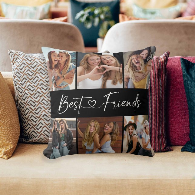 Cojín Decorativo Best Friends Photo Collage Modern Script Heart (Subido por el creador)