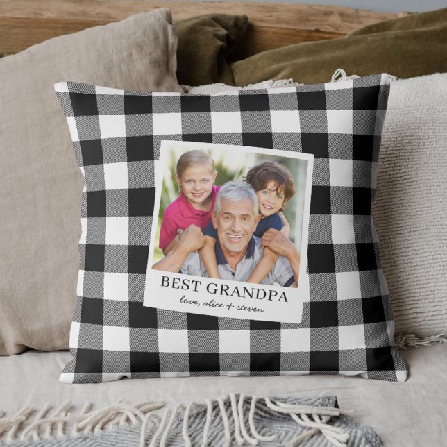 Cojín Decorativo Best Grandpa Black and White Plaid Photo (Subido por el creador)
