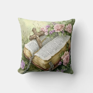 Cojín Decorativo Biblia Floral acuarela y cruz
