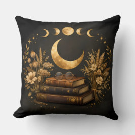 Cojín Decorativo Biblioteca Mística Dorada y Arte Boho Lunar Botáni