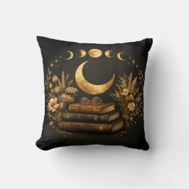 Cojín Decorativo Biblioteca Mística Dorada y Arte Boho Lunar Botáni
