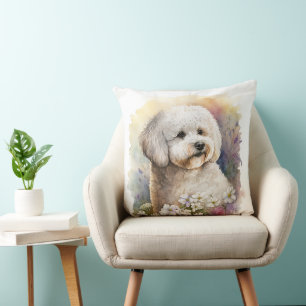 COJÍN DECORATIVO BICHON FRISE CUTE PUPPY DOG CON FLORES SALVAJES