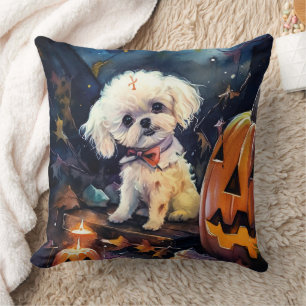 Cojín Decorativo Bichon Frise de Halloween con calabazas aterrador 