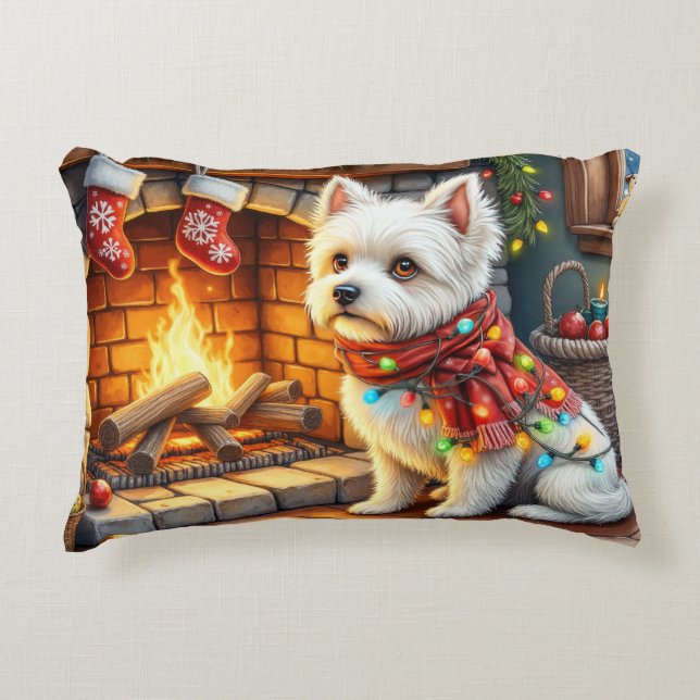 Cojín Decorativo Bichon Frise Fireplace with Christmas Lights (Anverso)