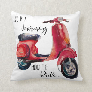 Cojín Decorativo Bici roja y negra de la vespa de la acuarela