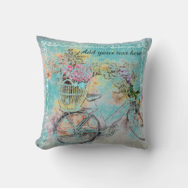 Cojín Decorativo Bicicleta con cestas de flores en la burlap azul