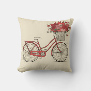 Cojín Decorativo Bicicleta Roja Retro con Rosas y Corazones Arte Fl
