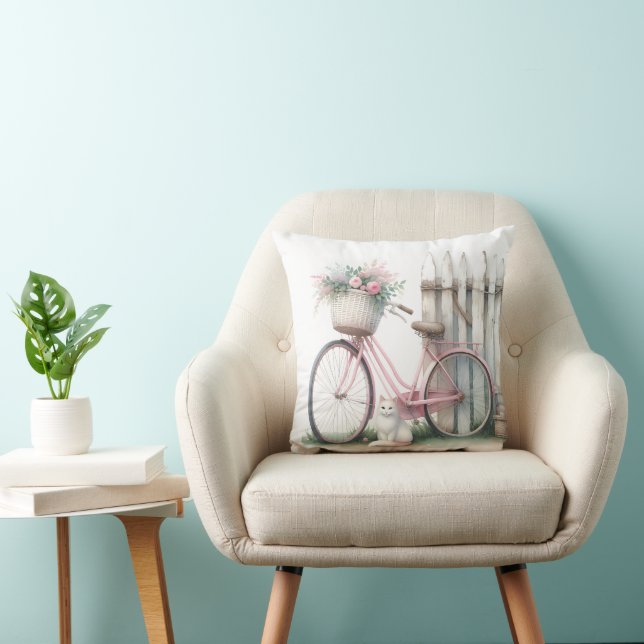 Cojín Decorativo Bicicleta rosa y gato blanco (Silla)