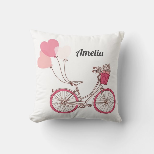 Cojín Decorativo Bicicleta rosa y globos cardíacos personalizados (Anverso)
