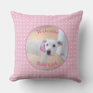 Cojín Decorativo Bienvenida Bebé Niña Foto de Cachorro Blanco Lindo