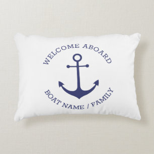 Cojín Decorativo Bienvenida personalizado Aboard ancla náutica azul