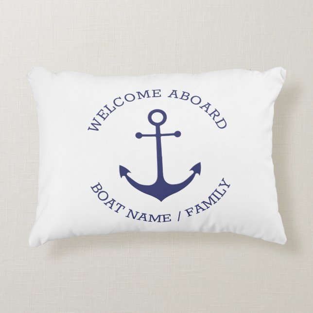 Cojín Decorativo Bienvenida personalizado Aboard ancla náutica azul (Anverso)