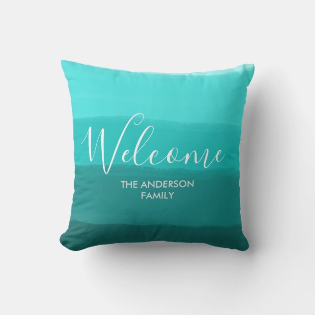 Cojín Decorativo "Bienvenida" Personalizado Nombre familia Sky Blue (Anverso)