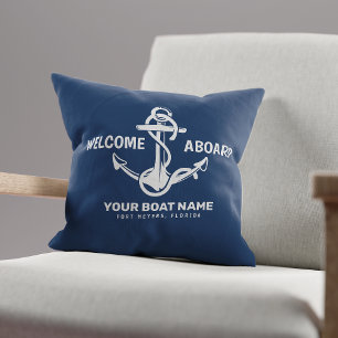 Cojín Decorativo Bienvenido a bordo Nombre de barco azul náutico