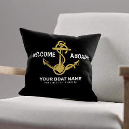Cojín Decorativo Bienvenido a bordo Nombre de barco náutico negro y