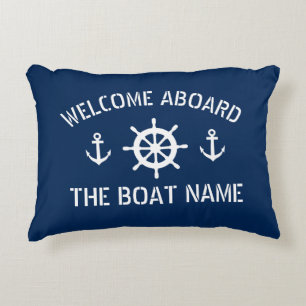 Cojín Decorativo Bienvenidos a bordo nombre barco ancla náutica az