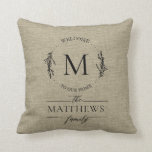 Cojín Decorativo Bienvenidos a Nuestra Casa Estilo Granja Familiar<br><div class="desc">Bienvenido a Nuestra Almohada con el Estilo de Casa de Campo y el Nombre de la Familia - Qué hermoso complemento para la decoración de su hogar. Nuestra almohada de estilo rústico presenta el nombre de su familia y monograma acentuado con una hermosa corona y tipografía de escritura. La almohada...</div>