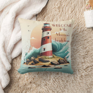 Cojín Decorativo Bienvenidos a nuestra imagen de faro de Beach Hous