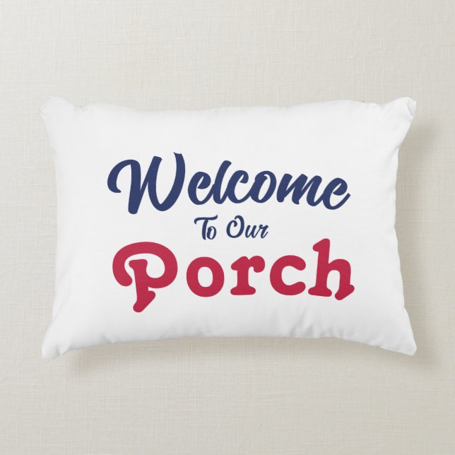 Cojín Decorativo Bienvenidos A Nuestro Porche / Siempre / Azul Blan (Anverso)