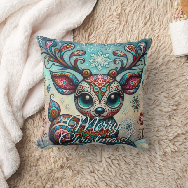 Cojín Decorativo Big Eye Christmas Reindeer Folk Art Personalized (Manta)