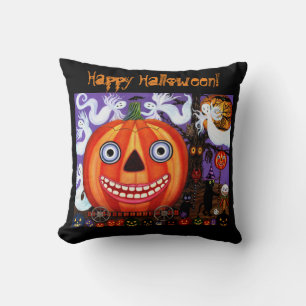 Cojín Decorativo Big Eye Grinning Halloween Calabaza Negra Gatos
