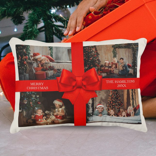 Cojín Decorativo Big Red Ribbon Christmas Custom 4 Photo Decorative (Big Red Ribbon Christmas Custom 4 Photo Decorative Accent Pillow
)