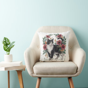 Cojín Decorativo Bigotes Botánicos: Gato Floral Arte Folclórico